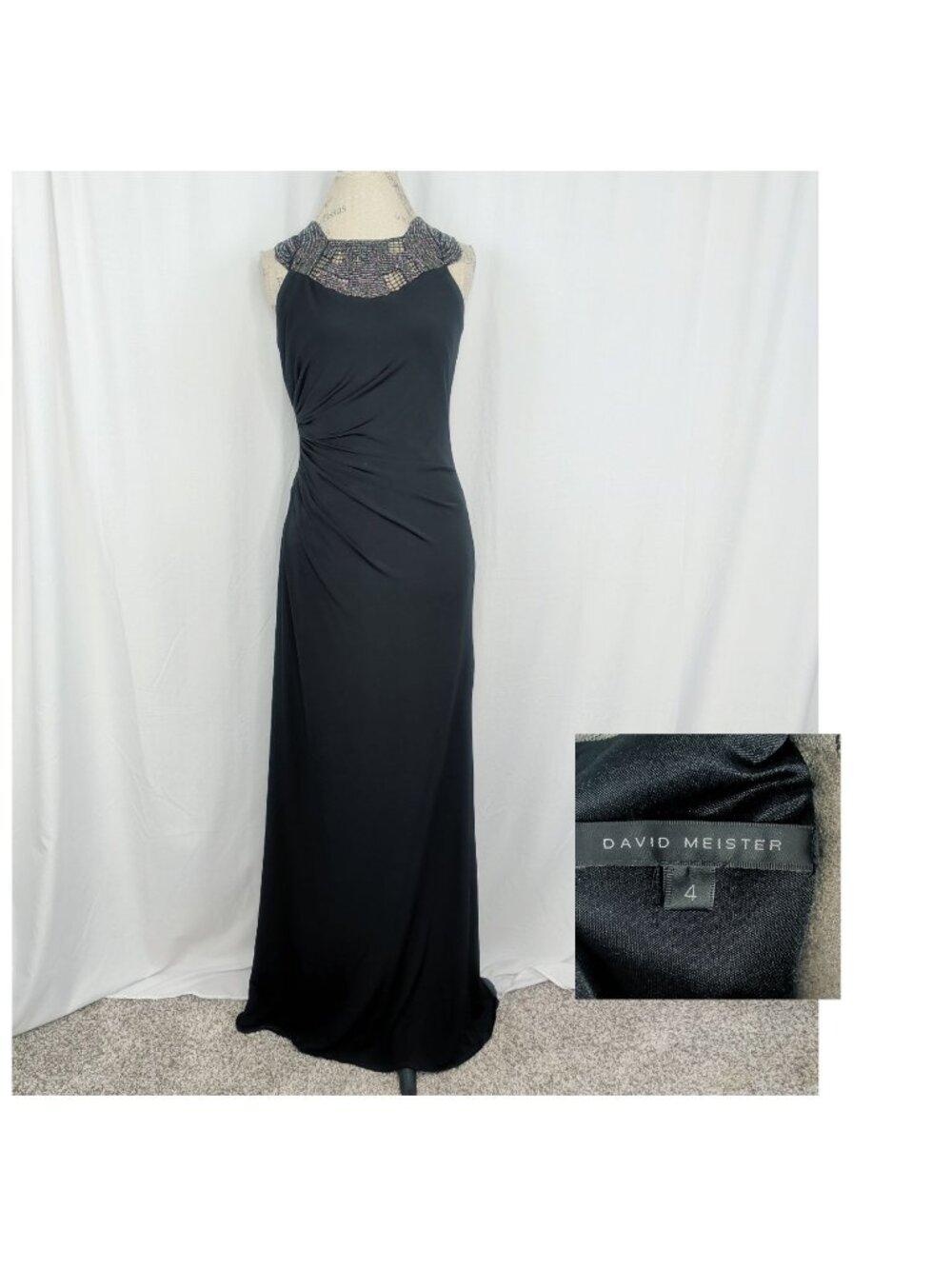 David Meister Black Dress 4 Small Gown Beaded Formal